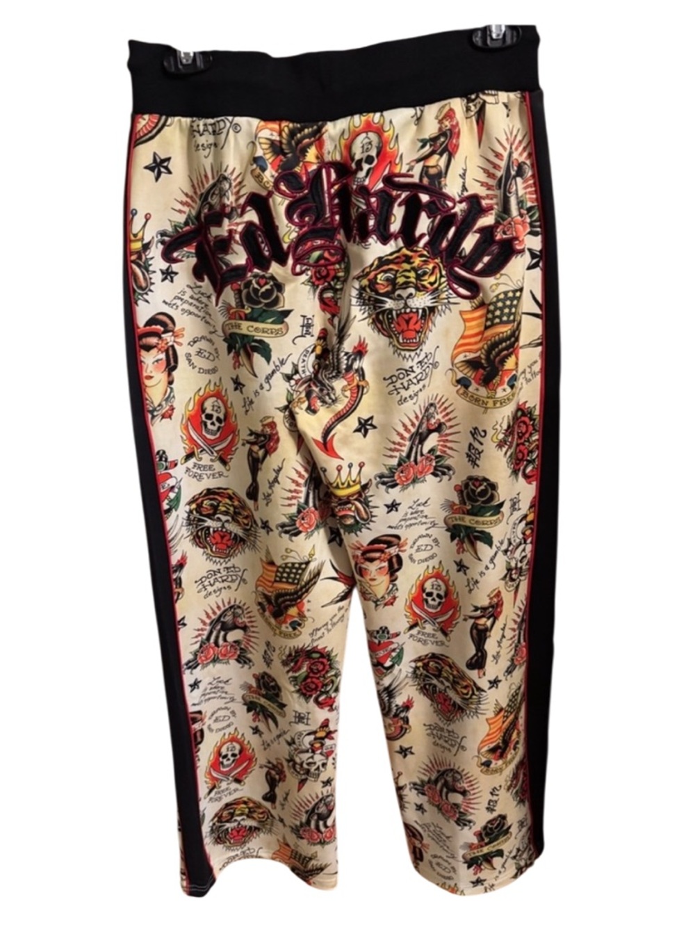Ed Hardy Black and Cream Tattoo Inspired Graphic Track Pants Size Small NWT - Picture 3 of 11